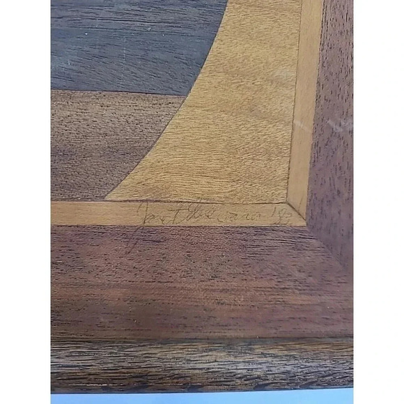 Vintage Marquetry Wood Inlay Framed Art Orca Swimming Signed 1983 - Picture 3 of 6